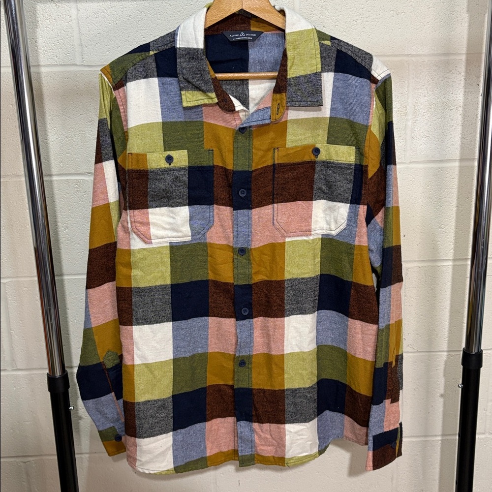 Alpine design men's soft flannel shirt large plaid colorblock green blue cream